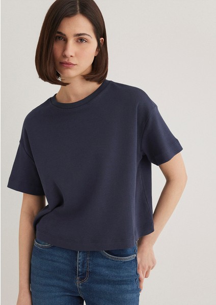 Bisiklet Yaka Lacivert Basic Crop Tişört 1612708-85315