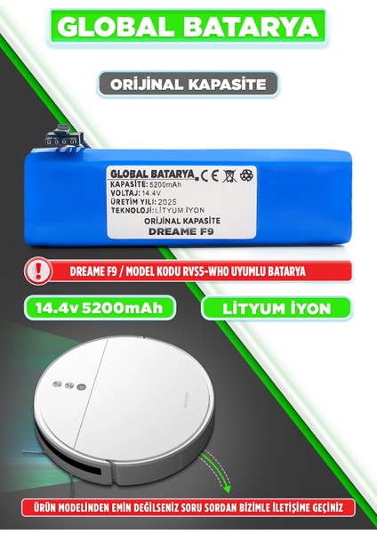 Dreame F9 Akıllı Robot Süpürge Bataryası 14.4V 5200MAH Pil