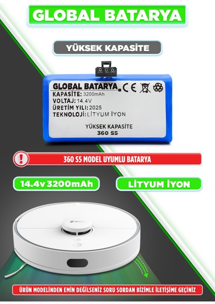 S5 Akıllı Robot Süpürge Bataryası 14.4v 3200mAh Li-ion Pil (Yüksek Kapasite)