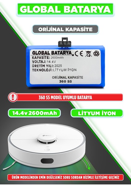 S5 Akıllı Robot Süpürge Bataryası 14.4v 2600mAh Pil Li-ion (Orijinal Kapasite)