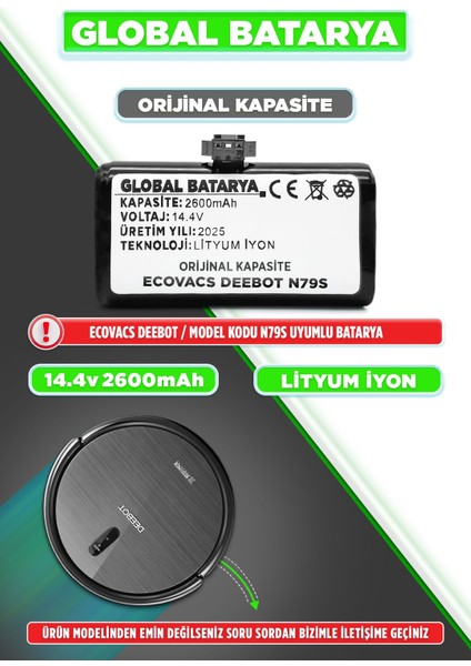 Deebot N79S Robot Süpürge Batarya 14.4v 2600mAh Pil Li-ion (Orijinal Kapasite)