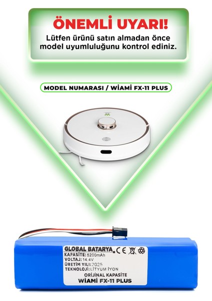Wiami Fx-11 Plus Akıllı Robot Süpürge Bataryası 14.4V 6400MAH Pil (Yüksek Kapasite)