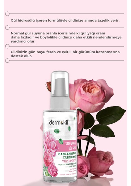 %100 Doğal Gül Suyu Canlandırıcı Tazeleyici Yüz Spreyi modelleri