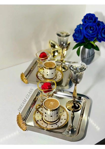 6'lı Kare Gold Tüy Detaylı Çay & Kahve & Sunum Tepsisi