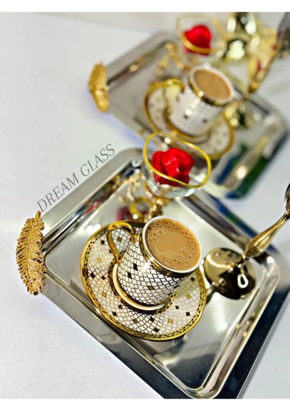 6'lı Kare Gold Tüy Detaylı Çay & Kahve & Sunum Tepsisi fiyatları