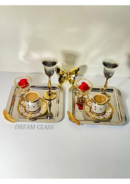 6'lı Kare Gold Tüy Detaylı Çay & Kahve & Sunum Tepsisi modelleri
