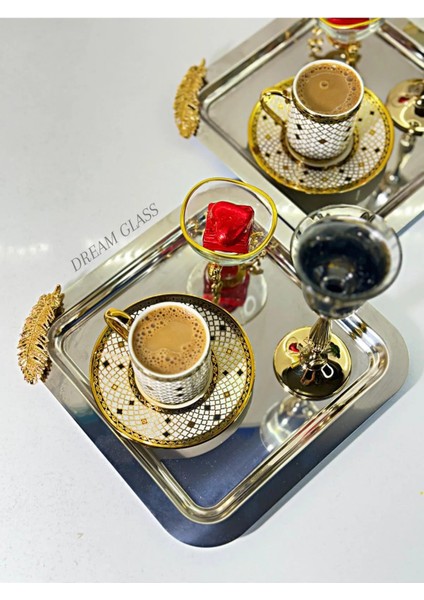 6'lı Kare Gold Tüy Detaylı Çay & Kahve & Sunum Tepsisi fırsatları