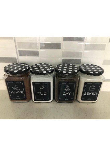 Dekoratif Cam Saklama Kabı 4 Lü Çay,Kahve,Tuz,Şeker 720 cc