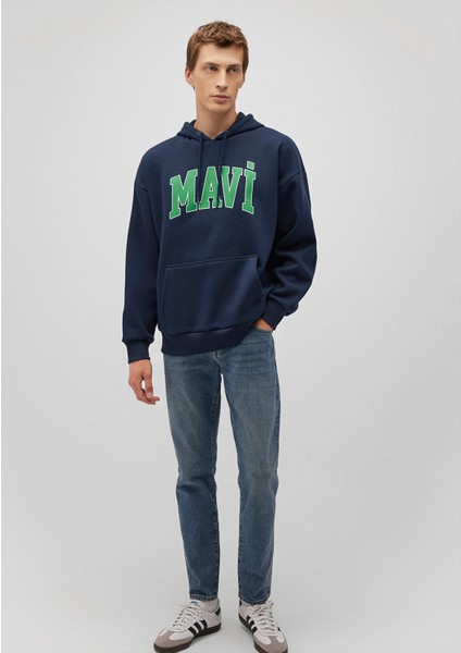 Logo Baskılı Kapüşonlu Lacivert Sweatshirt 067149-29743