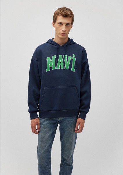 Logo Baskılı Kapüşonlu Lacivert Sweatshirt 067149-29743