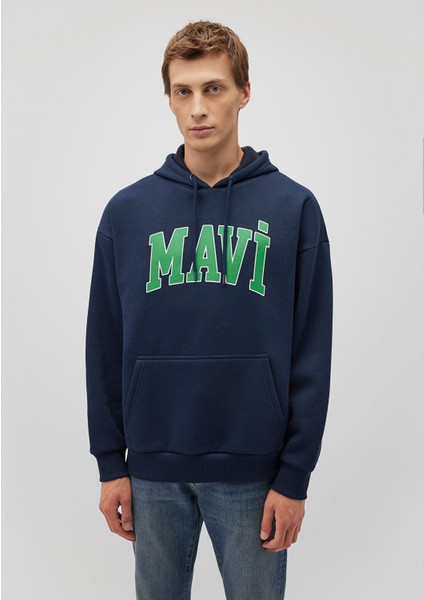 Logo Baskılı Kapüşonlu Lacivert Sweatshirt 067149-29743
