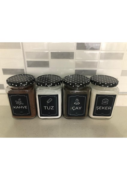 Dekoratif Cam Saklama Kabı 4 Lü Çay,Kahve,Tuz,Şeker 720 cc