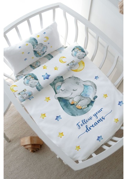 Anne Yanı Beşik Nevresim Takımı (60X100) - For Baby Serisi - Hortumda Uyuyan Mavi Fil
