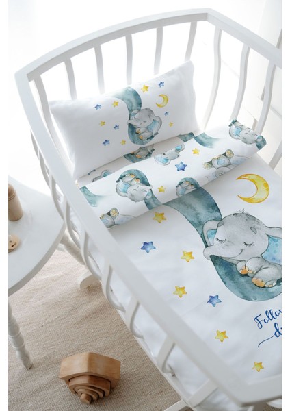 Anne Yanı Beşik Nevresim Takımı (60X100) - For Baby Serisi - Hortumda Uyuyan Mavi Fil modelleri