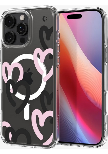 iPhone 16 Pro Kılıf Ultra Hybrid MagFit MagSafe özellikli Hearts Black Pink - ACS08275