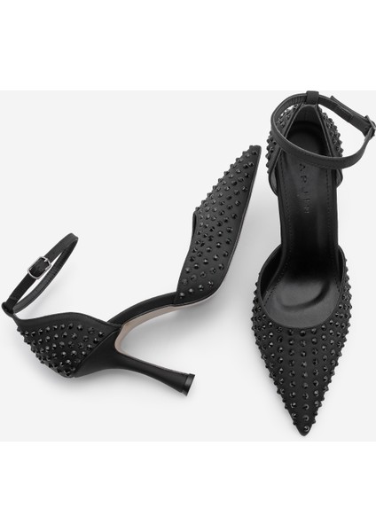 Kadın Stiletto Sivri Burun Bilekten Bağlamalı Taşlı Topuklu Ayakkabı Livon