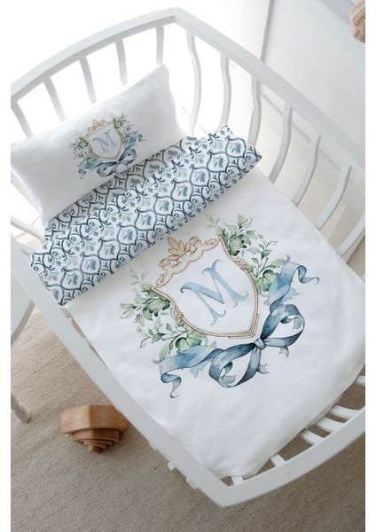Anne Yanı Beşik Nevresim Takımı (60X100) - Blue Royal Series - M Harfi