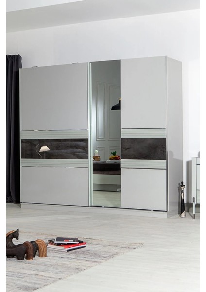 Romeo Aynalı Sürgülü Gardırop - Duman Gri