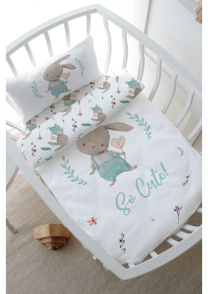 Anne Yanı Beşik Nevresim Takımı (60X100) - For Baby Serisi - Salopetli Tavşan