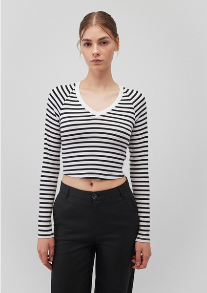 Uzun Kollu Çizgili Crop Basic Tişört 1613041-85586 modelleri