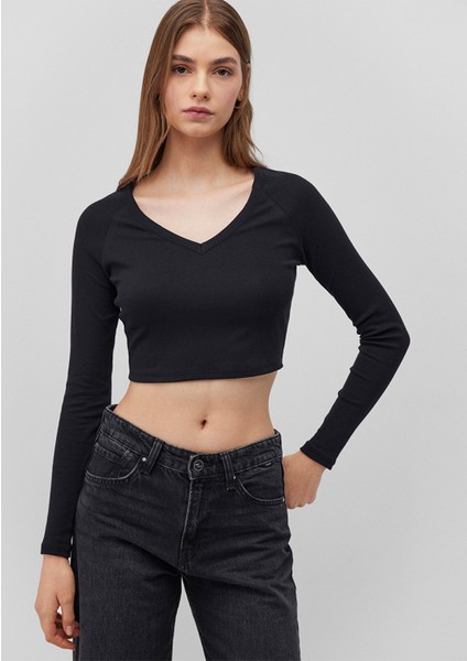 Uzun Kollu Siyah Crop Basic Tişört 1613041-900
