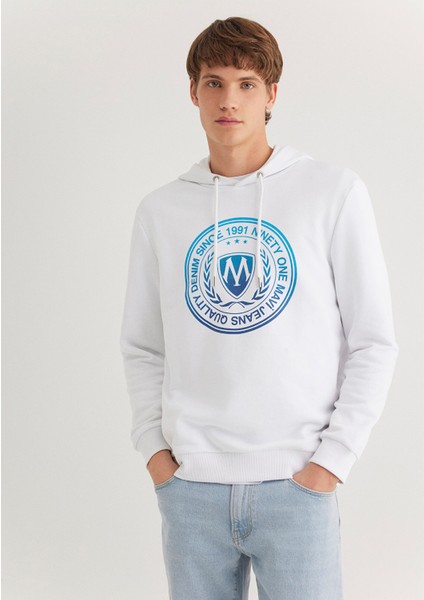 Erkek Mavi Logo Baskılı Kapüşonlu Beyaz Sweatshirt 0611721-620