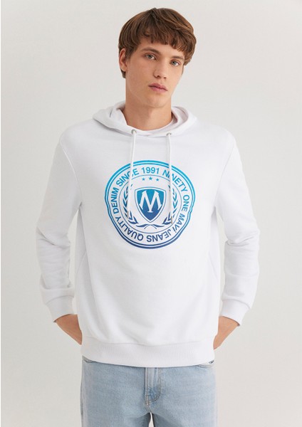 Erkek Mavi Logo Baskılı Kapüşonlu Beyaz Sweatshirt 0611721-620