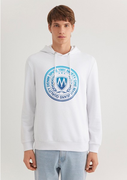 Erkek Mavi Logo Baskılı Kapüşonlu Beyaz Sweatshirt 0611721-620