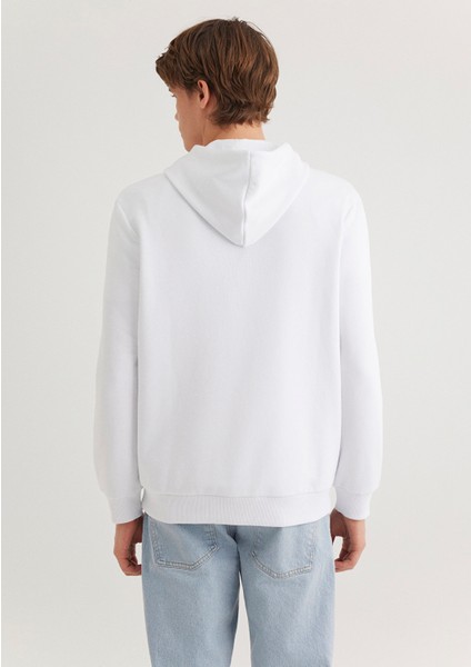 Erkek Mavi Logo Baskılı Kapüşonlu Beyaz Sweatshirt 0611721-620