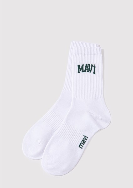 Mavi Logo Baskılı Beyaz Soket Çorap 0911160-620