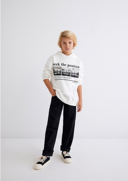Kapüşonlu Baskılı Beyaz Sweatshirt 6S10074-70057