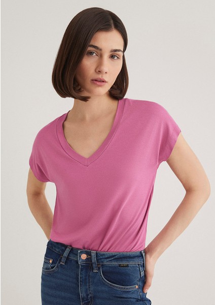 Kadın V Yaka Pembe Basic Tişört 167714-70955