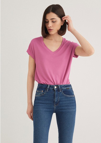 Kadın V Yaka Pembe Basic Tişört 167714-70955