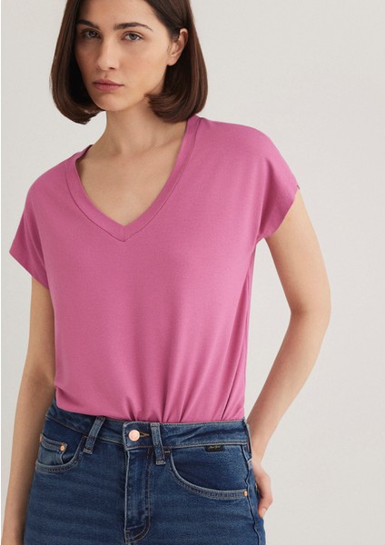 Kadın V Yaka Pembe Basic Tişört 167714-70955