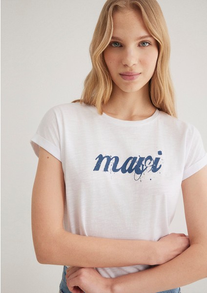 Mavi Logo Baskılı Beyaz Tişört 166422-620