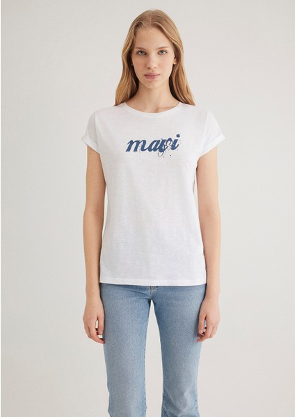 Mavi Logo Baskılı Beyaz Tişört 166422-620