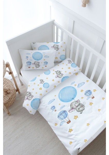 Bebek Boy Nevresim Takımı (100X150) - For Baby Serisi - Mavi Büyük Balonlu Fil