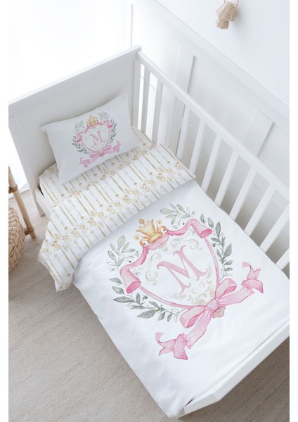 Bebek Boy Nevresim Takımı (100X150) - Pink Royal Series - M Harfi