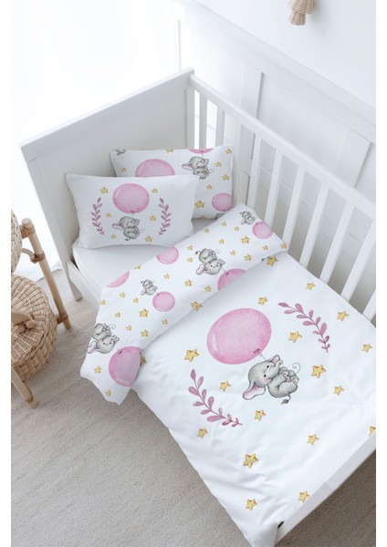 Bebek Boy Nevresim Takımı (100X150) - For Baby Serisi - Pembe Büyük Balonlu Fil