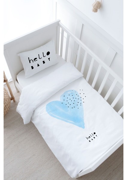 Bebek Boy Nevresim Takımı (100X150) - Pure Baby Serisi - Mavi Romantik Kalp