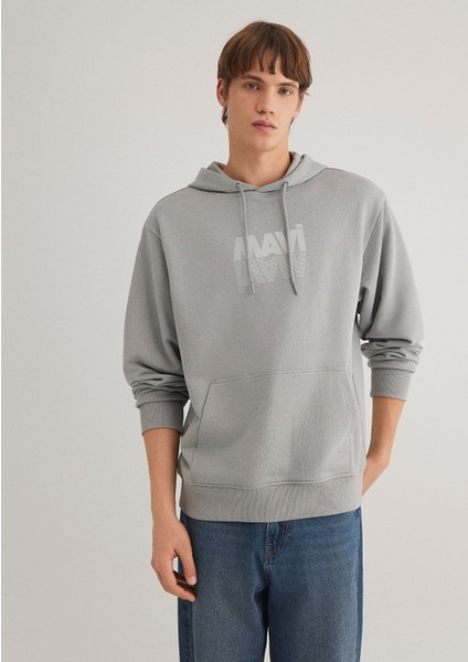 Mavi Logo Baskılı Kapüşonlu Gri Sweatshirt 0611317-70103