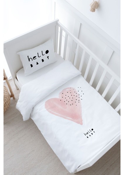 Bebek Boy Nevresim Takımı (100X150) - Pure Baby Serisi - Pembe Romantik Kalp