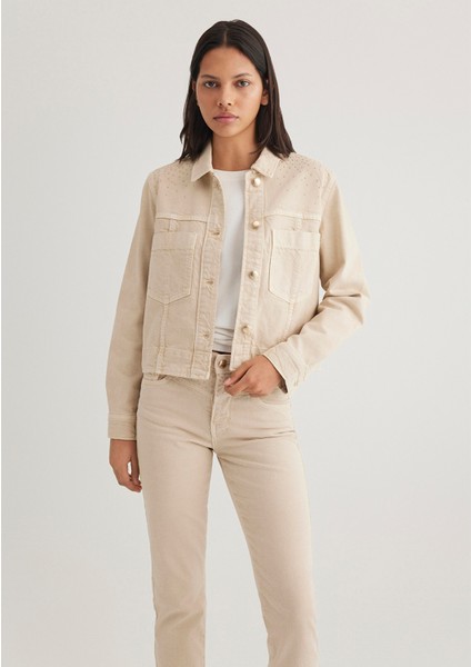 Tanya Gold Premium Taşlı Bej Jean Ceket 1110477-88596