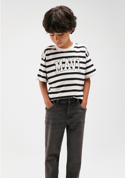 Mavi Logo Baskılı Siyah Çizgili Tişört 6610251-84041