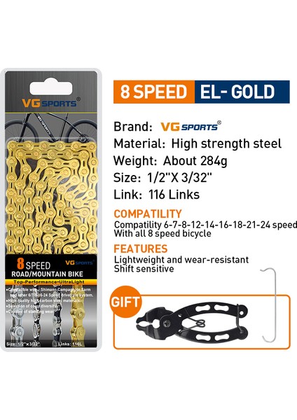 8 Vitesli El Altın Stili Vg Sports Bisiklet Zinciri Hızlılık Titanyum Gökkuşağı Altın Mtb Dağ Yol Bisikleti Zincir Parçaları (Yurt Dışından)