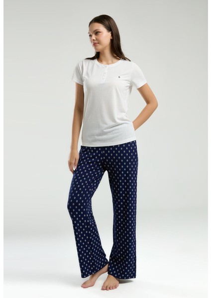 Kadın Kısakol, Bisiklet Yakası Düğmeli, Bol Paça Cepli Pijama Takım, Viskon Süprem Kumaş