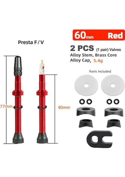 60 mm Alaşımlı Kırmızı B Stili Deemount 1 Çift Mtb Yol Bisikleti Tüp Yok Lastikler Için C Makineli Presta Valfi - Pirinç Çekirdek Seçenekli mm Pirinç Veya Alaşım (Yurt Dışından)