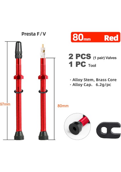80MM Alaşımlı Kırmızı Stil Yol Tüpüsüz Jantlar Için 1 Çift mm Presta Valf, Pirinç Çekirdekli W Alaşım Kapak ve Aracı (Yurt Dışından)
