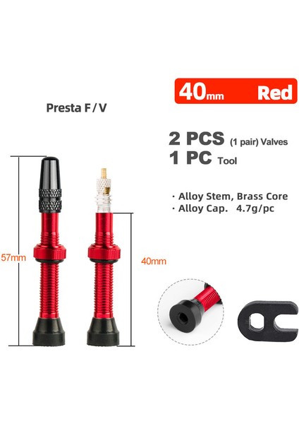 40MM Alaşımlı Kırmızı Stil Deemount mm Pirinç Veya Alaşım Gövde Bisiklet Fv Presta Tüp Yoklama Lastik Valfi Yol Bisikleti Mtb Meme Wtool Alaşım Valf Kapağı (Yurt Dışından)
