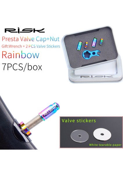 1 Takım-Fv Kap-Gökkuşağı Tarzı Rısk Titanyum Bisiklet Lastik Valf Kapağı ve Somun Anahtarlı Koruma Sticker Seti Yol Bisikleti Presta Valf Toz Geçirmez Kapak Aksesuarları (Yurt Dışından)